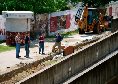Construction on the east side of Faner Hall