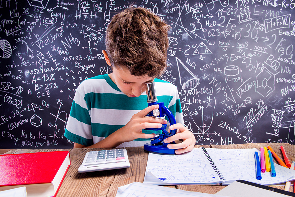 boy looking at microscope