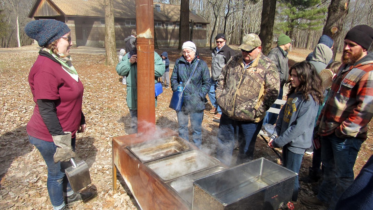 people watching a tree sap boil demonstration