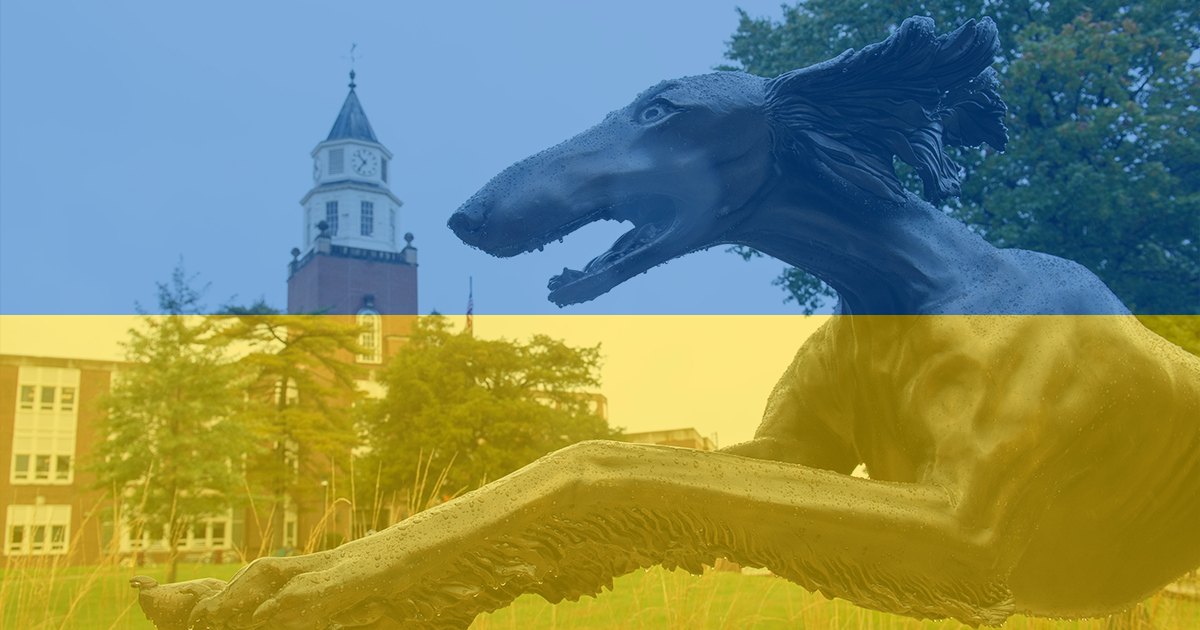 Pulliam Hall and saluki statue with Ukraine flag overlay
