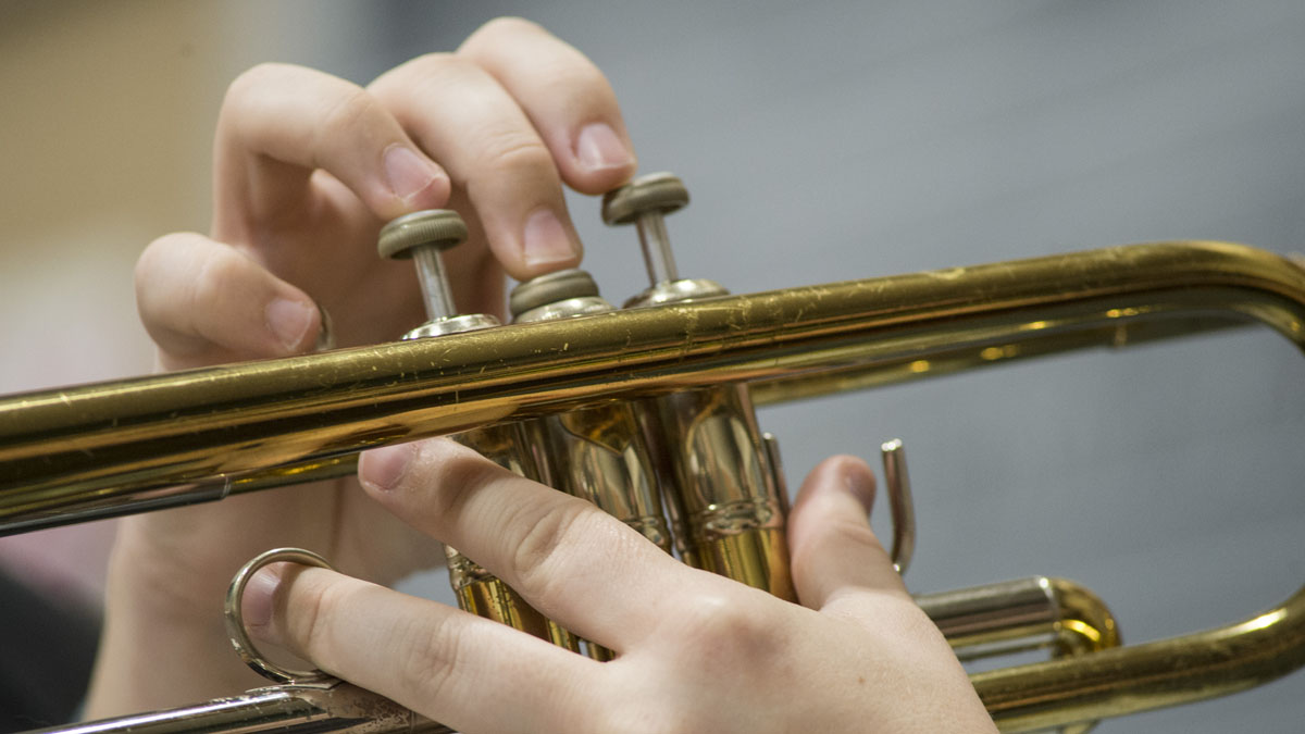 close up of a trumpet being played