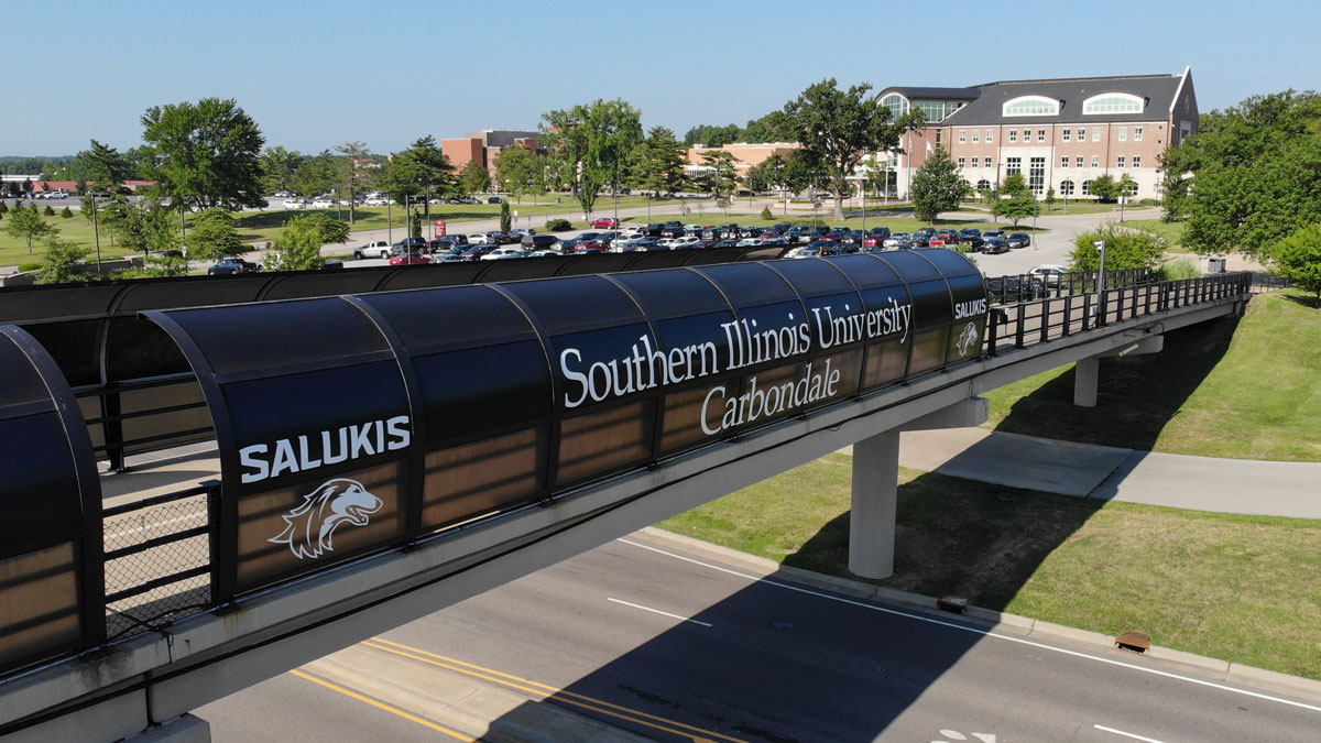 overpass with a saluki head and it says Salukis, Southern Illinois University Carbondale