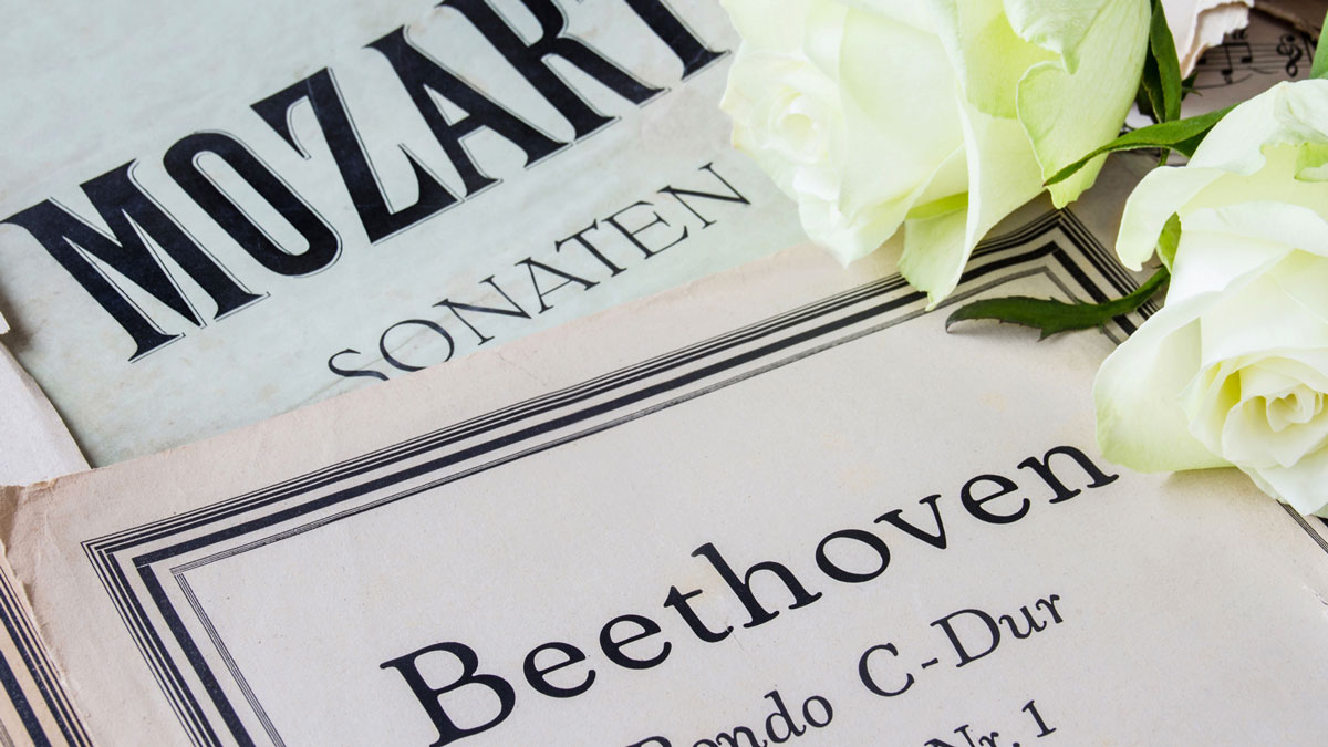 close up image of sheet music for Mozart and Beethoven