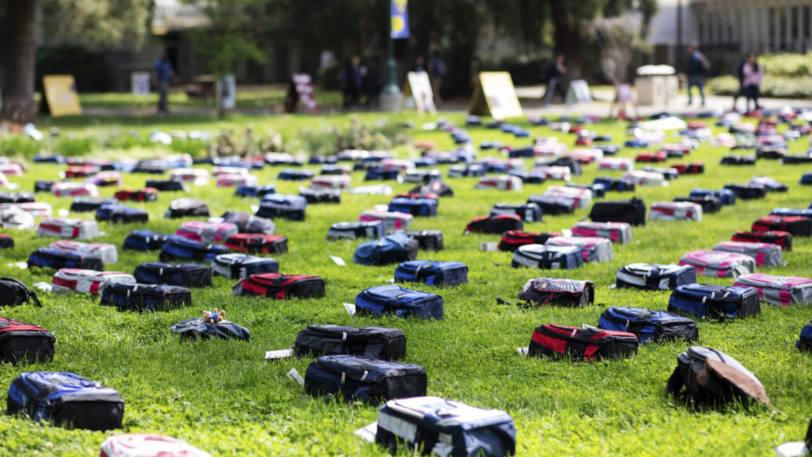 Backpacks, spread out on a grassy space. They represent the lives of some of those lost to suicide.