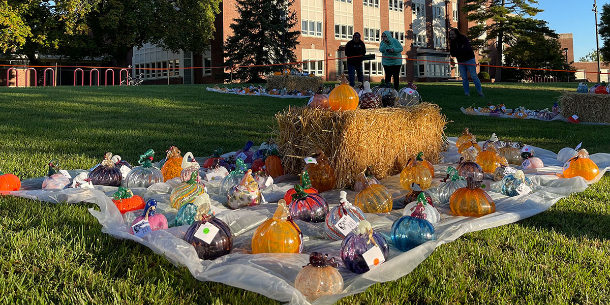 Pictured is a variety of glass pumpkins, in various sizes and colors. They are situated on a blanket that is on a grassy area.
