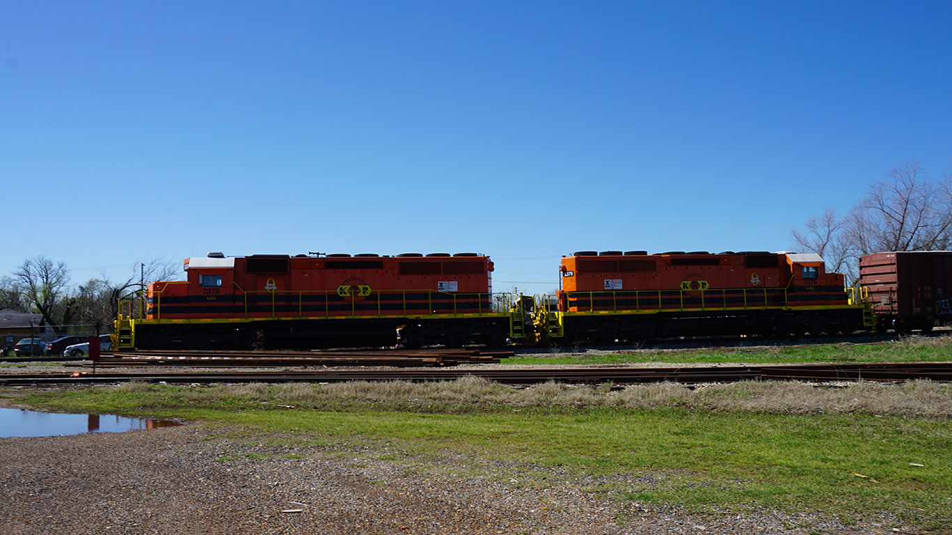A Kiamichi Railroad freight train, led by EMD SD40-2s #3378 and #3379, in Hugo, Oklahoma.
