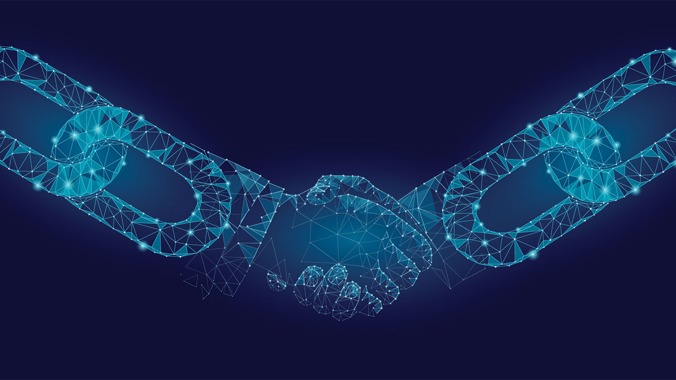 digital image of blockchain forming hands that are shaking