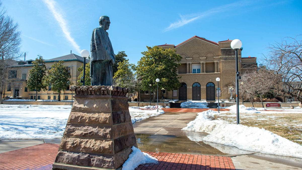 Statue of Delyte Morris in front of Shryock Auditorium at Southern Illinois University Carbondale