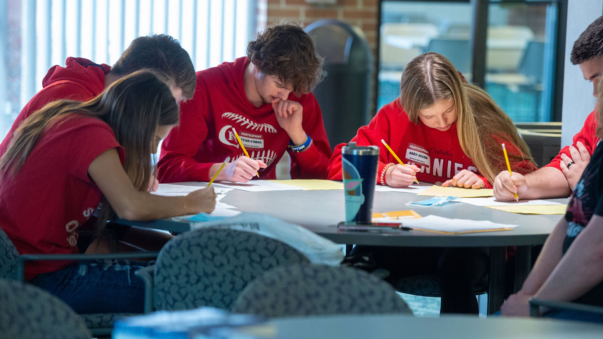 High school and community college students complete written tests to assess their accounting knowledge and skills.