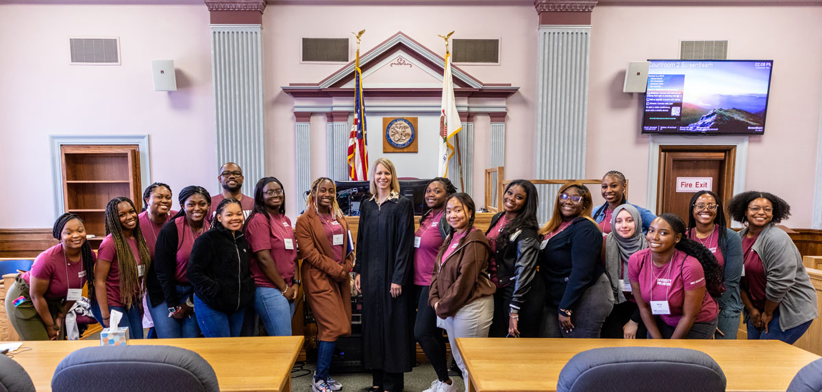 Participating students in the SIU School of Law’s inaugural Diversity Prelaw Summer Institute meet First Judicial Circuit Court Associate Judge Ella York at the Jackson County Courthouse