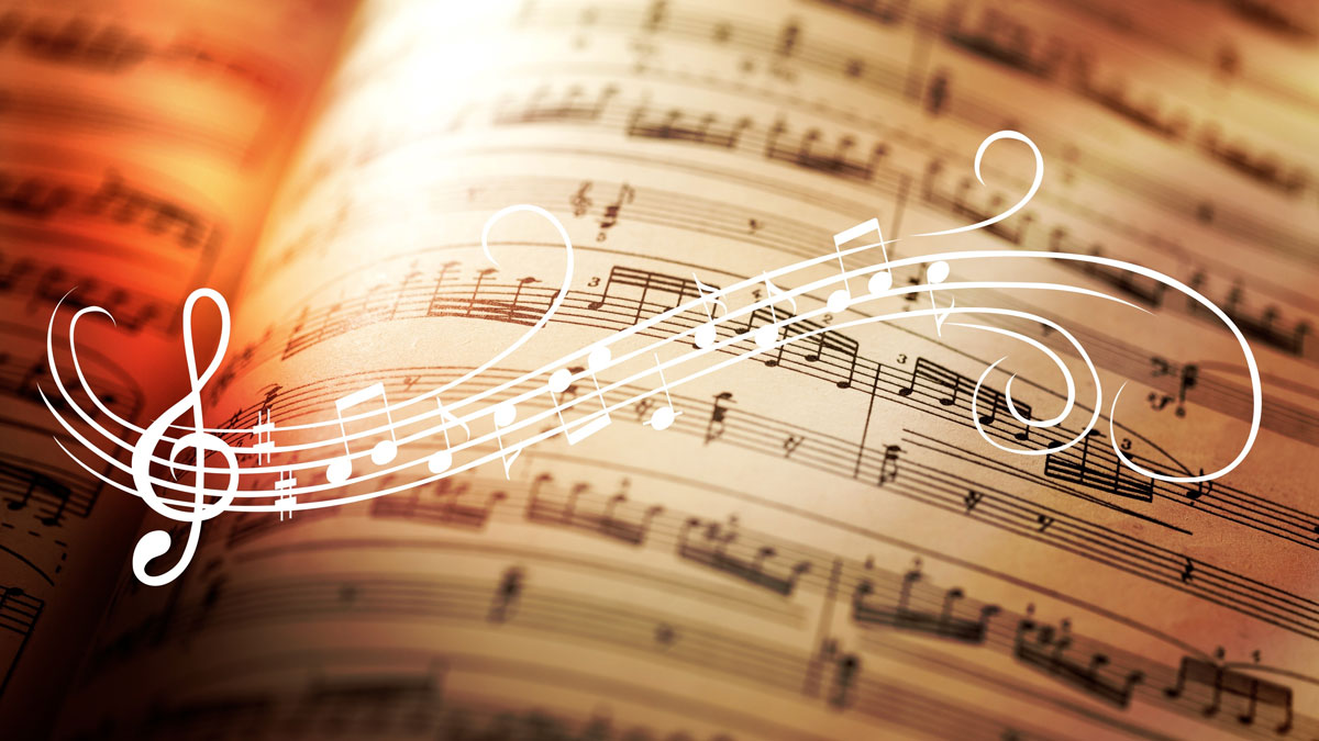 An up close image of sheet music, with an overlay of musical notes