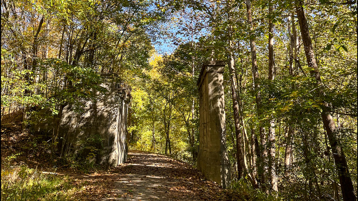 concrete buttresses of the Illinois Central Railroad trestle crossing the Big 4 Railroad