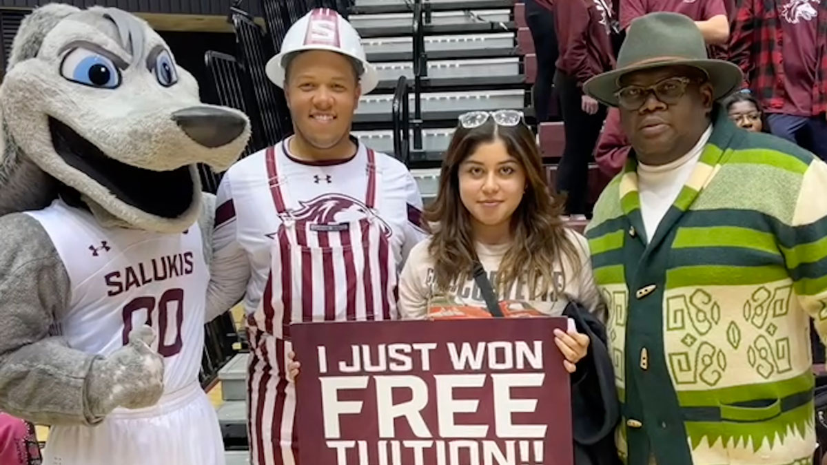 Grey Dawg; Dylan Chambers, president of the SIU Dawg Pound; Miriamm Martinez of Chicago and Paul Frazier, vice chancellor for anti-racism, diversity, equity and inclusion