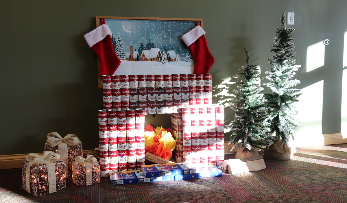 Soup cans in shape of fireplace