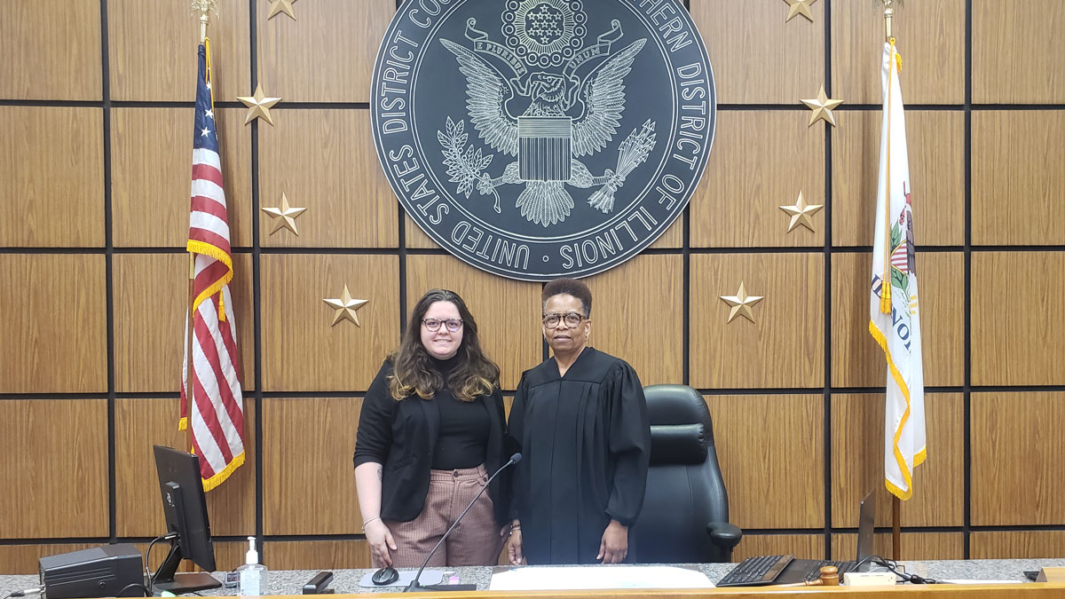 Third-year SIU School of Law student Rachel C. Burke, left, is participating in the law school’s Metro East Criminal Justice Experiential Learning Program and working in the Federal Public Defender’s office in Benton. She is with U.S. District Court for the Southern District of Illinois Judge Staci M. Yandle.