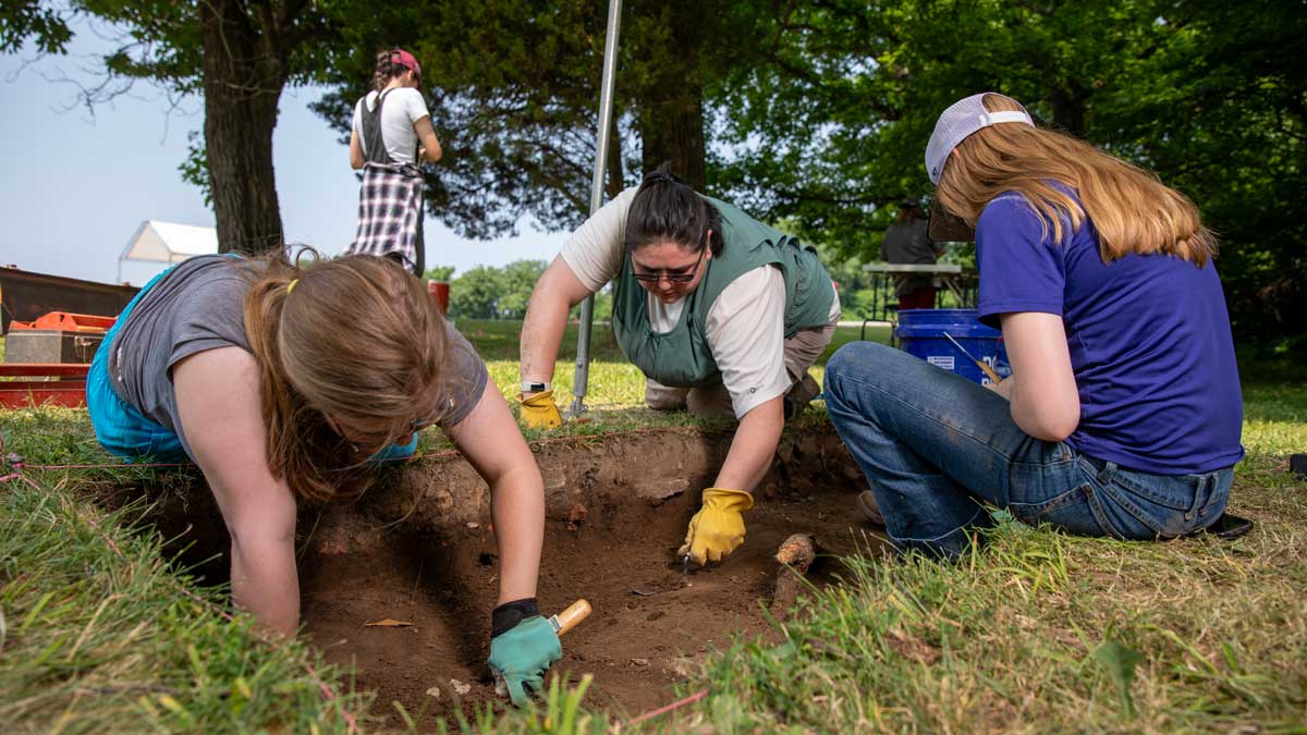Archaeology Field School students work on excavating an area at Fort Kaskaskia