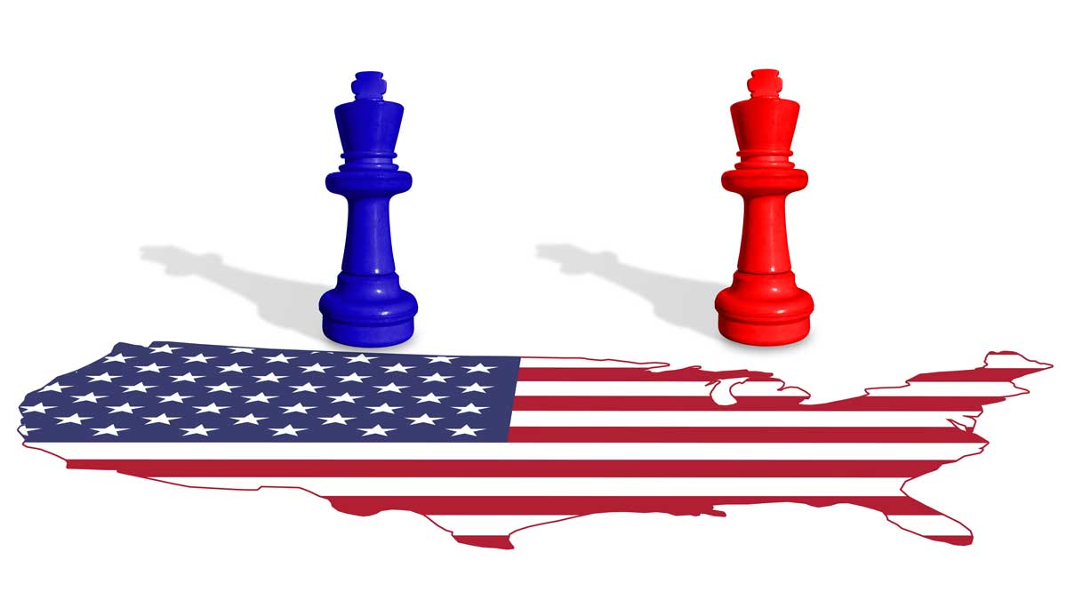 Image of a US map, in red, white, and blue. There are two chess pieces, one red, one blue.