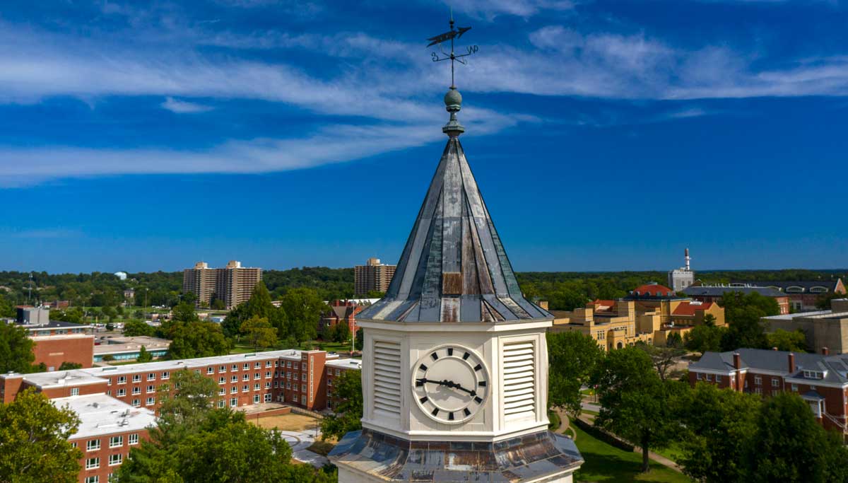 Aerial view of the Pulliam clocktower on the campus of SIU Carbondale