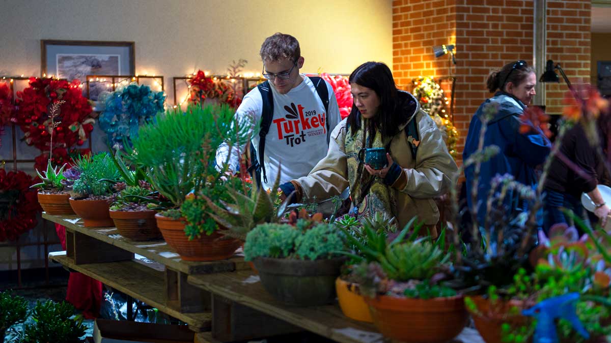 Patrons examine the various plants for sale.