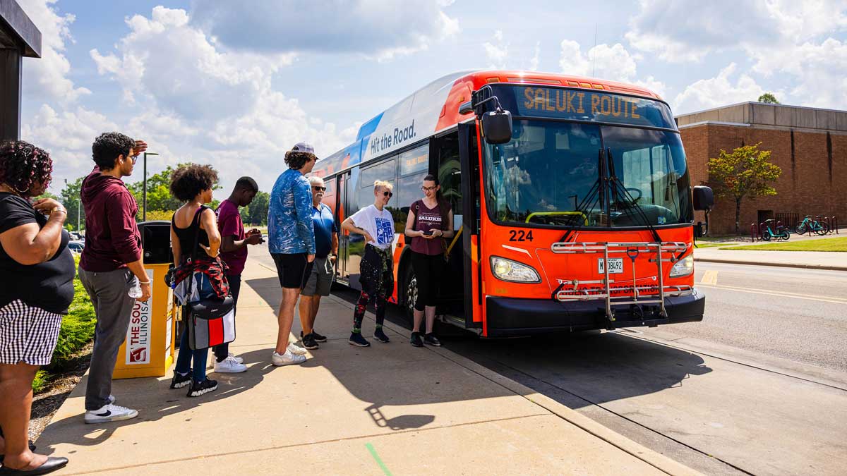 Riders board the Saluki Express.