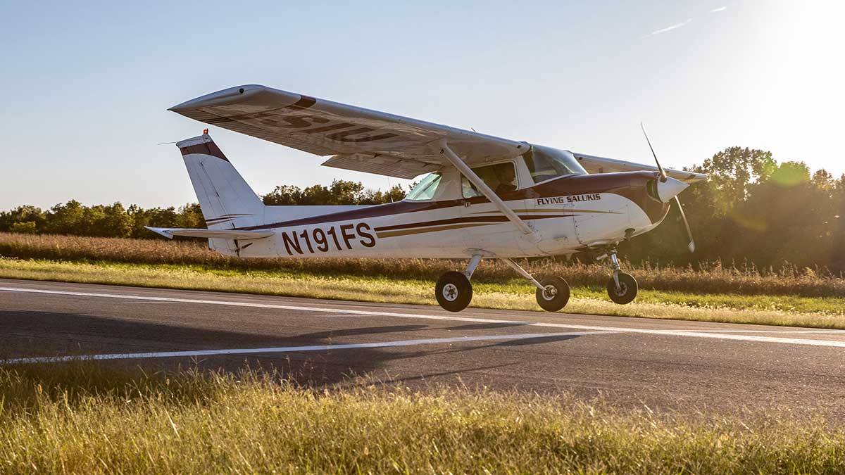 A small airplane taking off.