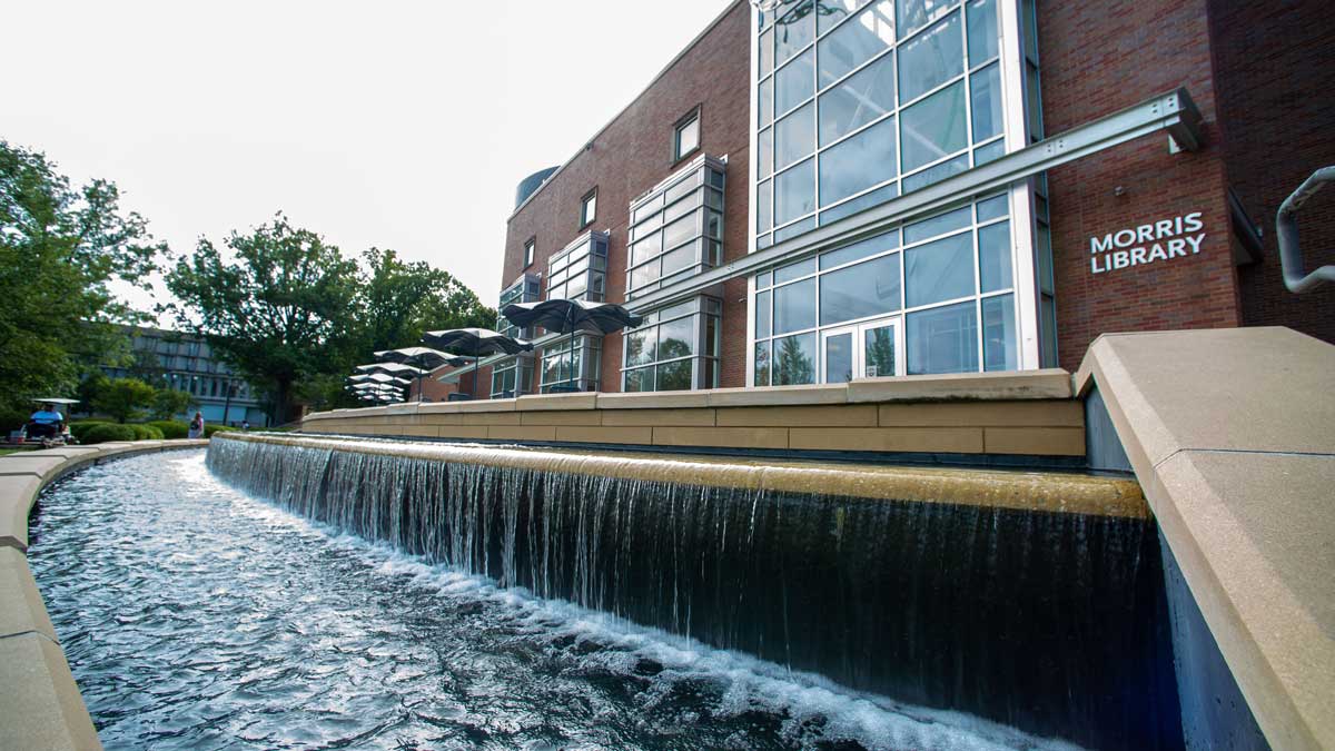 The fountains outside of Morris Library.