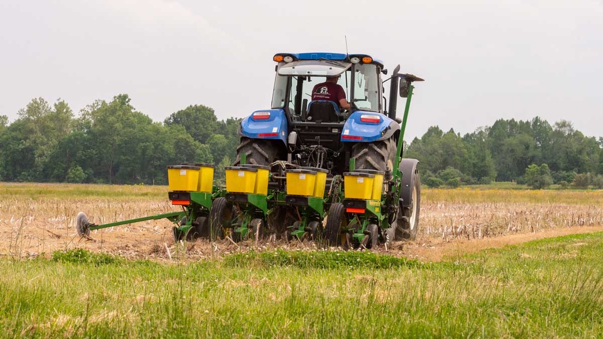 A tractor in a field.
