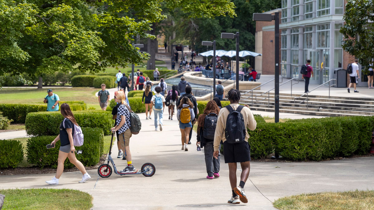 Students walking on campus.