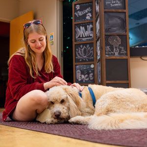 A student relaxes with a dog.