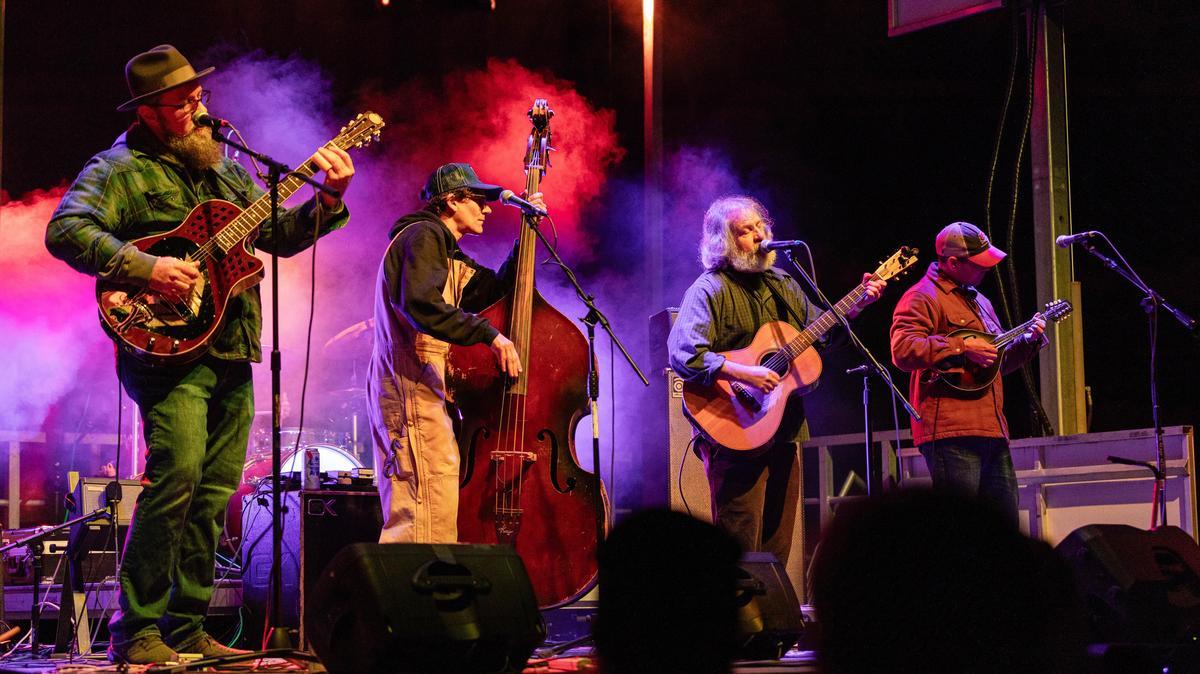 A band performs at a past Little Grassy Get Down. There are four musicians on stage. There are purple and red lights illuminating the stage.