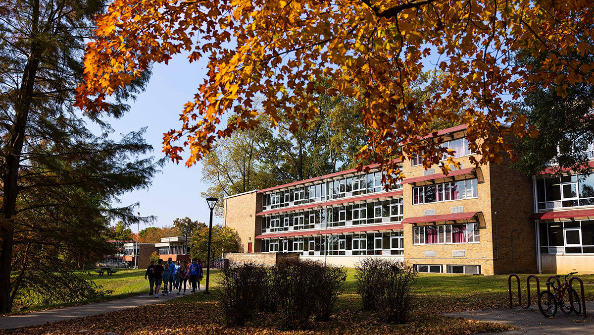 Fall photo outside one of the residence halls on campus.