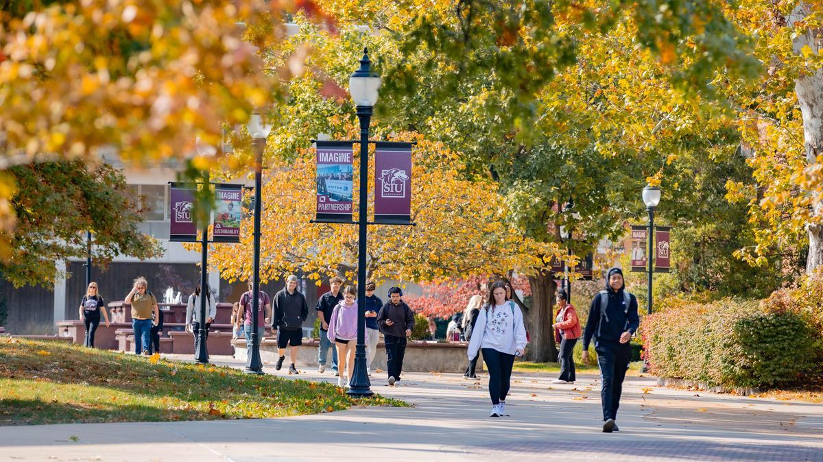 Students walking on campus.