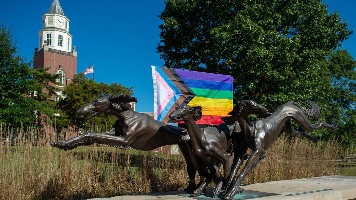 A pride flag is displayed on the Saluki statues in Alumni Plaza at SIU.