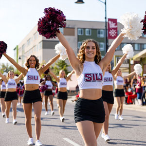 Saluki Shakers marching in a parade, pompoms held high.