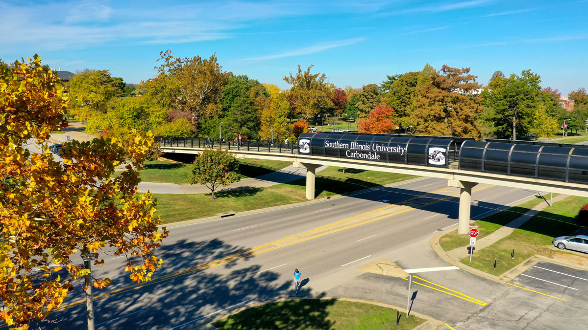 Aerial view of the pedestrian bridge at SIU Carbondale.