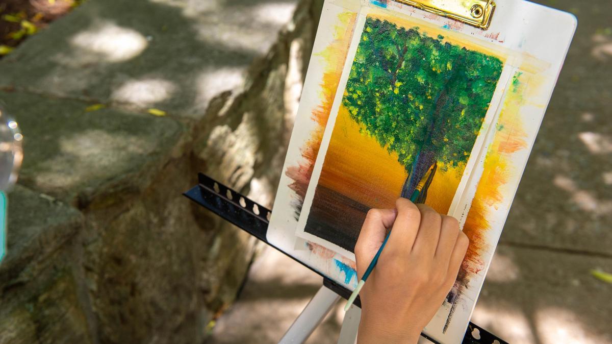 A student is painting a picture of a tree at sunset, outdoors on the campus of SIU Carbondale.