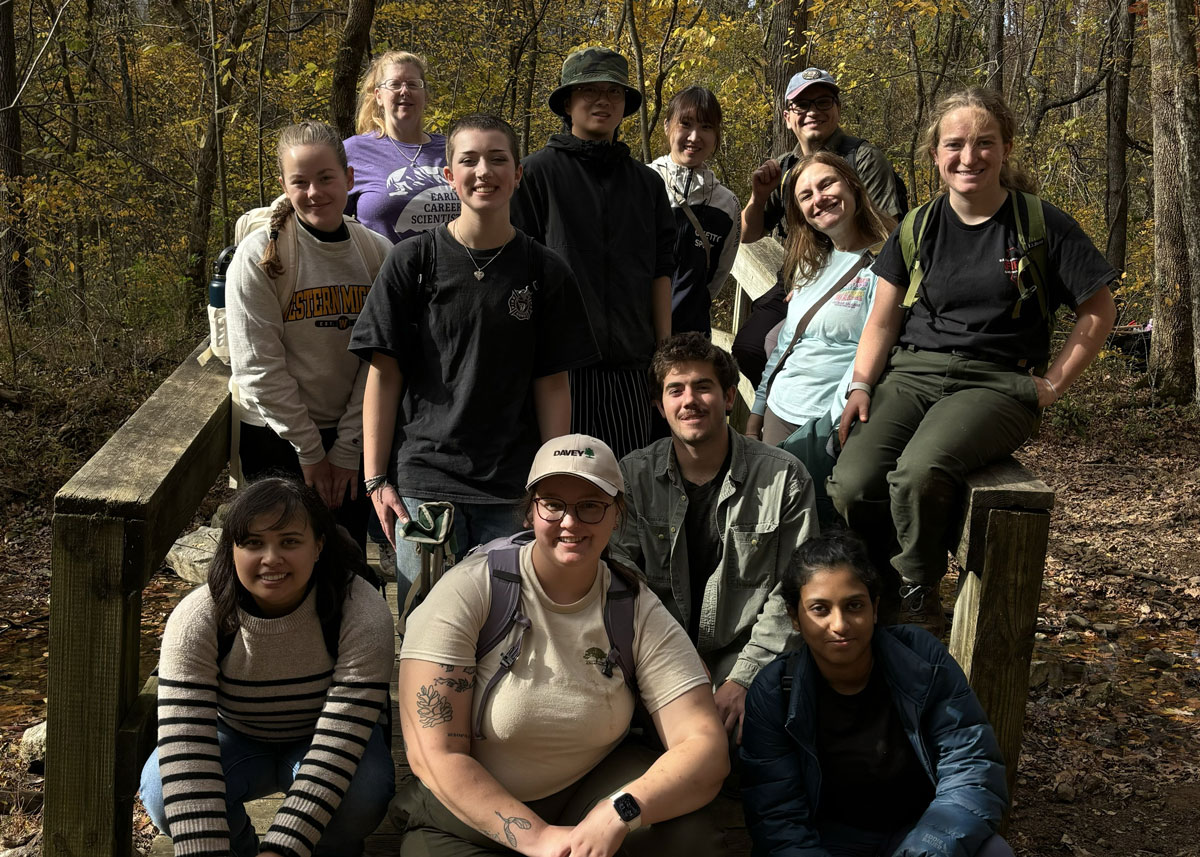 Students and faculty assist with trail maintenance at Giant City State Park.