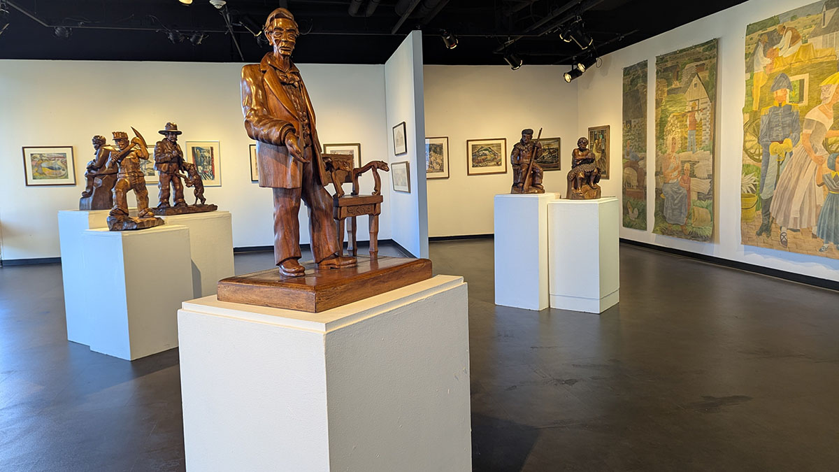 Carvings on display at the SIU Carbondale Sharp Museum.