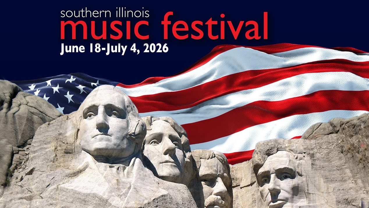 Image of Mount Rushmore with an American flag, Southern Illinois Music Festival. June 18-July 4, 2026. 
