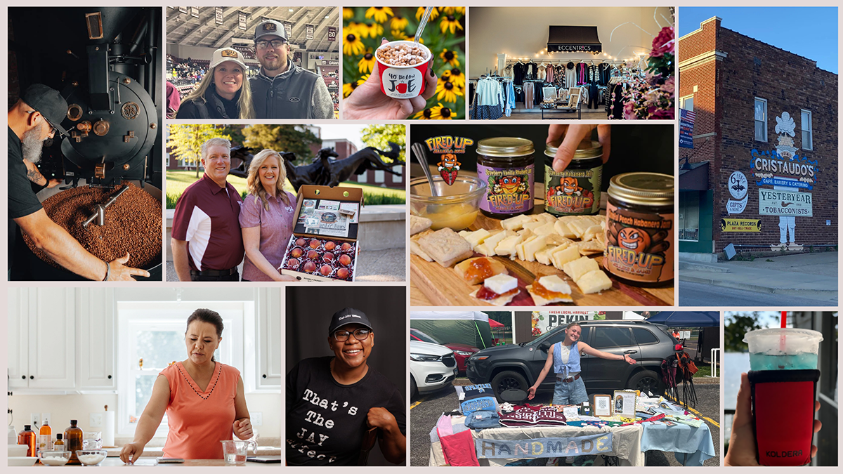 Photo collage featuring local vendors, food products, handmade goods, clothing, drinks, and small business owners at a community market.