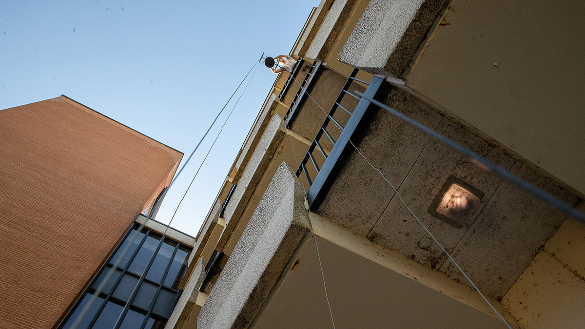 A drone being dropped from above.