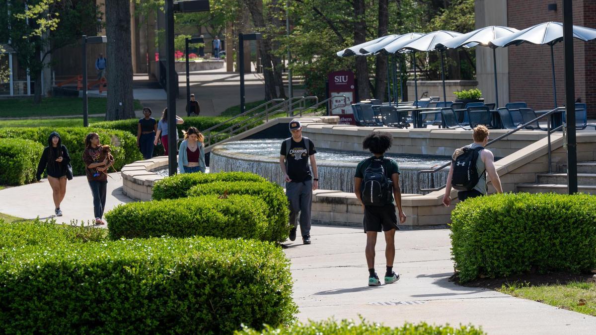 Students walking in front of Morris Library on the campus of SIU Carbondale.