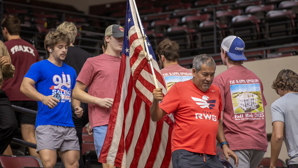 Student, first responders and community members participating in the 9/11 Saluki Stair Climb.
